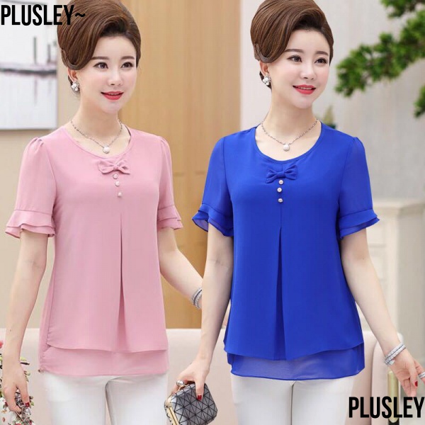 Áo Sơ Mi Chiffon Tay Ngắn Dáng Rộng Kèm Quần Lửng Thời Trang Mùa Hè Cho Phụ Nữ Trung Niên