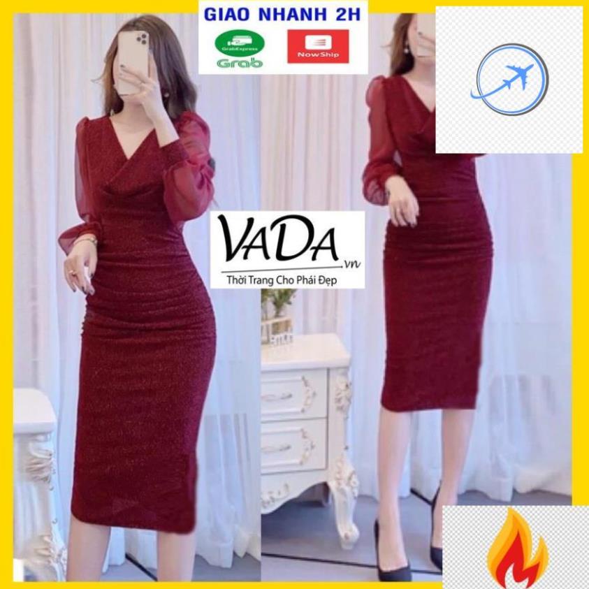 👗 Đầm body tay dài cổ V cách điệu chất thun kim tuyến cáo cấp co giãn tốt - Thời trang VADA - VB65 -JB8 👗