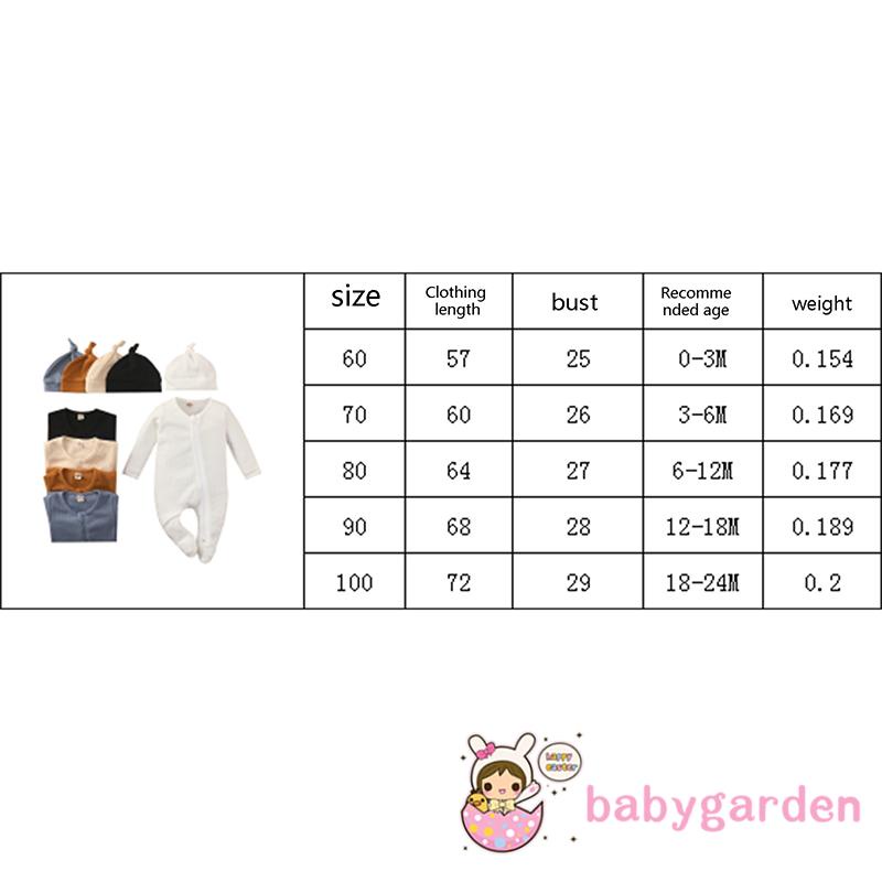 Bộ Áo Liền Quần Tay Dài Cổ Tròn Màu Trơn + Mũ Xinh Xắn Cho Bé 0-24 Tháng Tuổi
