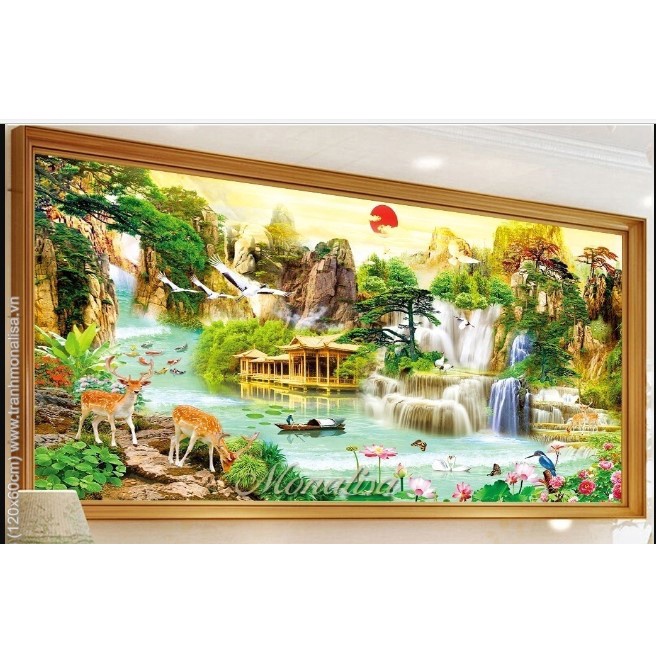 Tranh thêu chữ thập sơn thuỷ hữu tình THÊU KÍN
