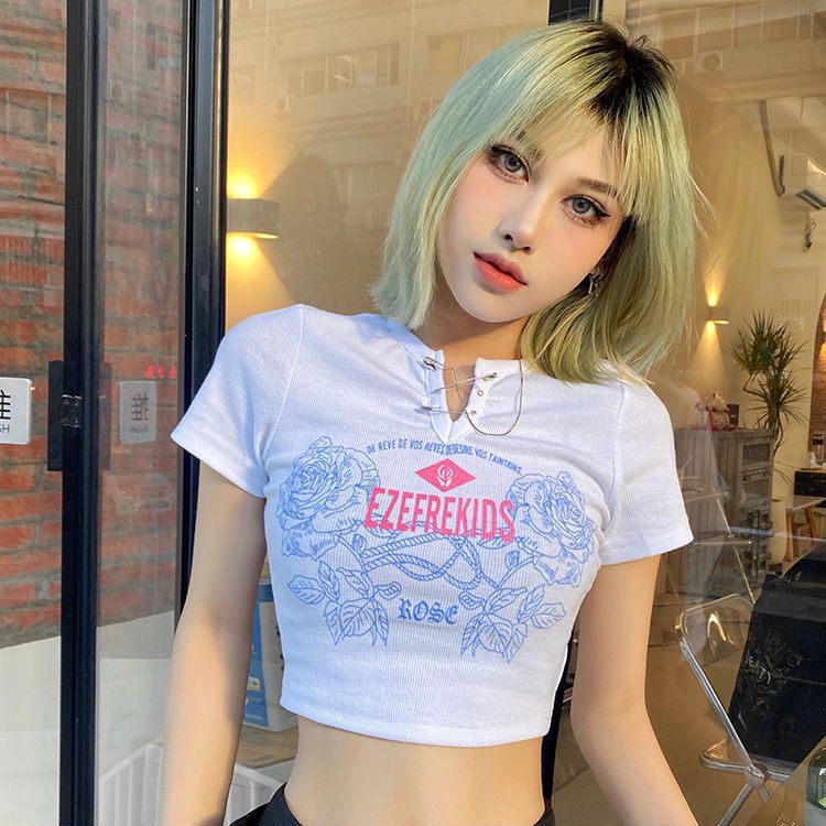 Porozi  Áo Croptop Tay Ngắn Cổ Chữ V In Họa Tiết Ngọt Ngào Thời Trang Cho Nữ