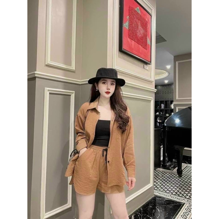 Set đùi đũi 3 món áo sơ mi đũi + áo 2 dây + quần đùi lưng chun cao cấp thời trang thiết kế phù hợp mọi phong cách