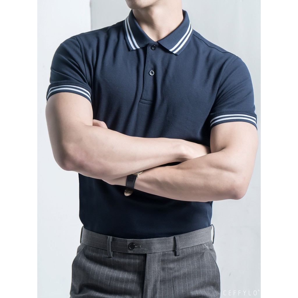 [Mã BMBAU50 giảm 7% tối đa 50K đơn 99K] Áo Polo Phối Bo In Kẻ Xanh Đen vải Cotton mềm mịn CEFFYLO