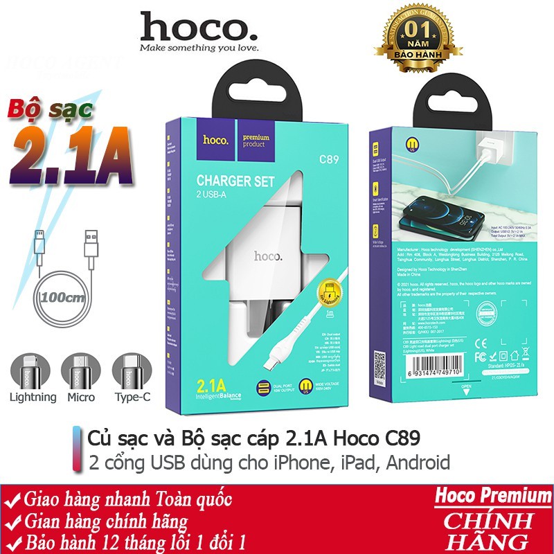 Bộ sạc Hoco C89 dòng 2.1A / 2 cổng ra đầu Lightning, Micro, Type-C dây cáp dài 1m - Chính hãng