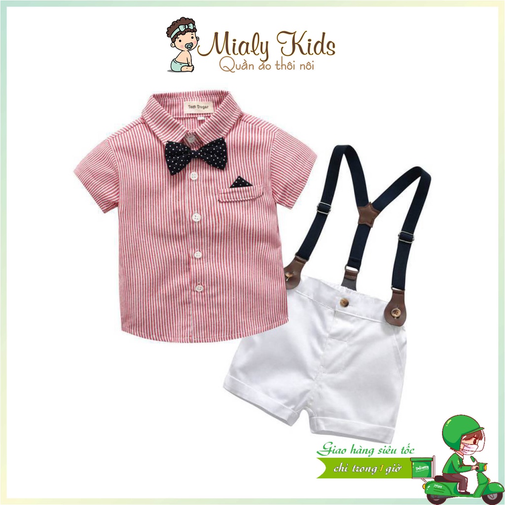 Set yếm công tử kèm áo sơ mi kẻ Mialy Kids cho bé trai diện Tết (6 - 23 kg) - Vải mềm mại, thấm hút tốt cho da bé