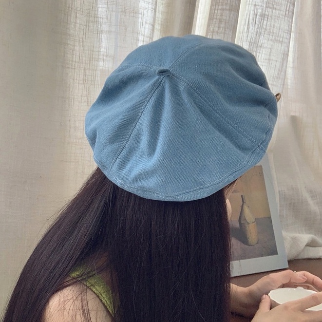 Mũ Nồi jean Nữ Họa Tiết Cúc Khuy Phong Cách Retro, Nón Beret Vải Bò Thời Trang Hàn Quốc