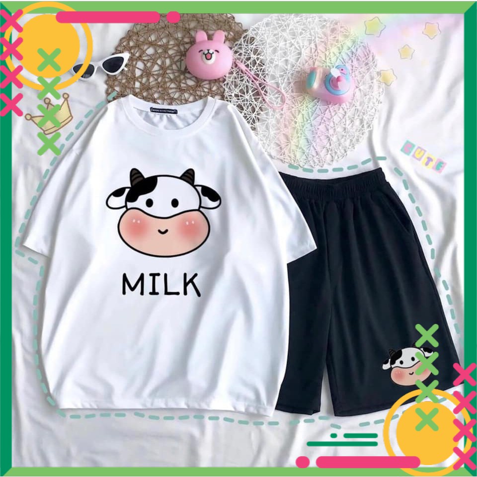 [RẺ VÔ ĐỊCH] Sét Áo Thun Ngắn Tay Bò Sữa Milk Chất Đẹp + Quần Đùi Đen Ống Rộng Logo Sét Đồ Bộ Nam Nữ Unisex Freesize