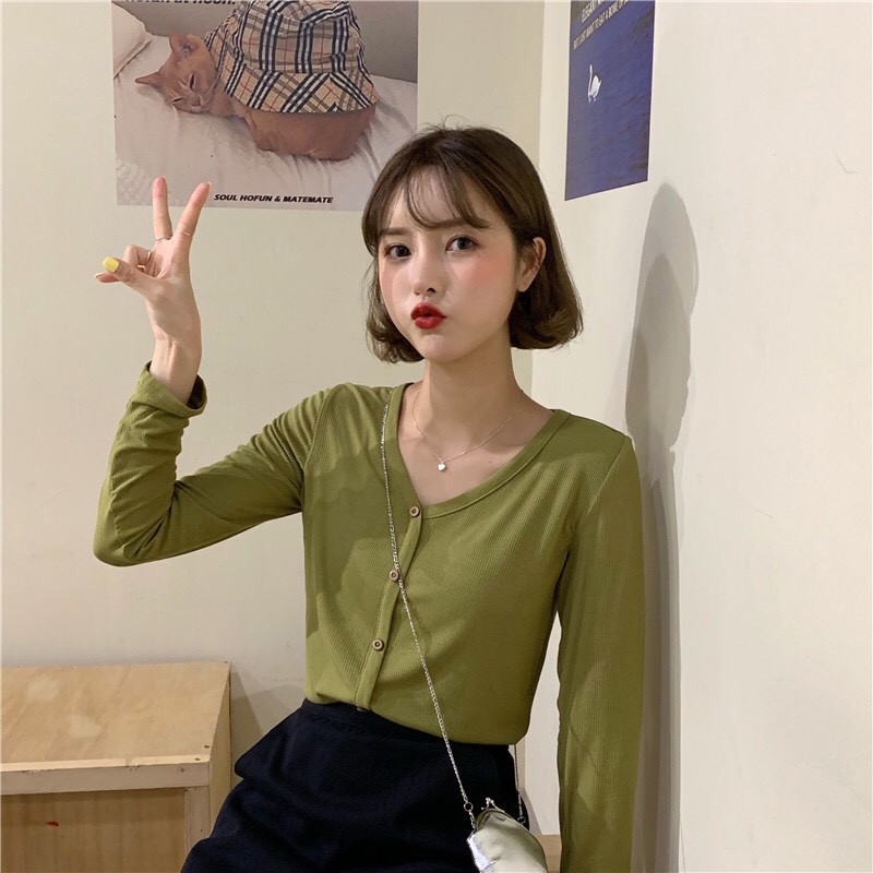 (sỉ 49k-7 màu)Áo len tăm cổ tim khuy cài dài tay