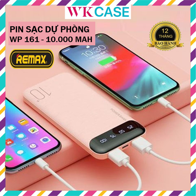 Sạc Dự Phòng Remax WP-161, Dung Lượng 10000mAh, Màn Hình Led, Hàng Chính Hãng, Sạc 2 thiết bị cùng lúc.