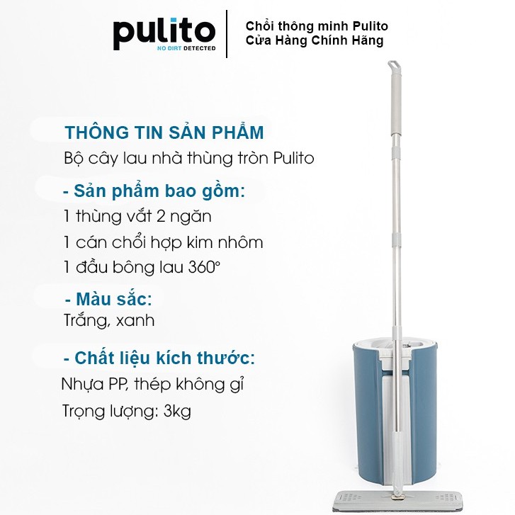 Bộ thùng lau nhà Pulito dạng tròn thông minh bàn lau xoay 360 độ tặng kèm 2 miếng lau LS-CKT-TT