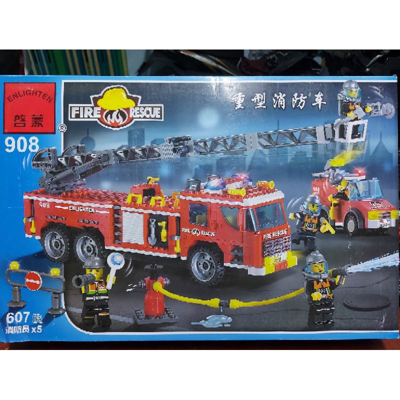 Lego enlighten brick 908 xe đầu kéo container đồ chơi lính cứu hỏa mặc đồ bảo hộ còi hụ vòi xịt nước chữa cháy gia đình