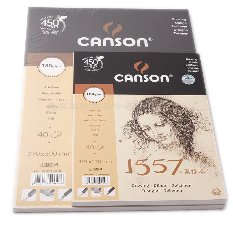 Giấy vẽ màu chì Canson 1557 giấy trắng ngà sổ vẽ chì gáy lò xo 40 tờ định lượng 155gsm có nhiều size