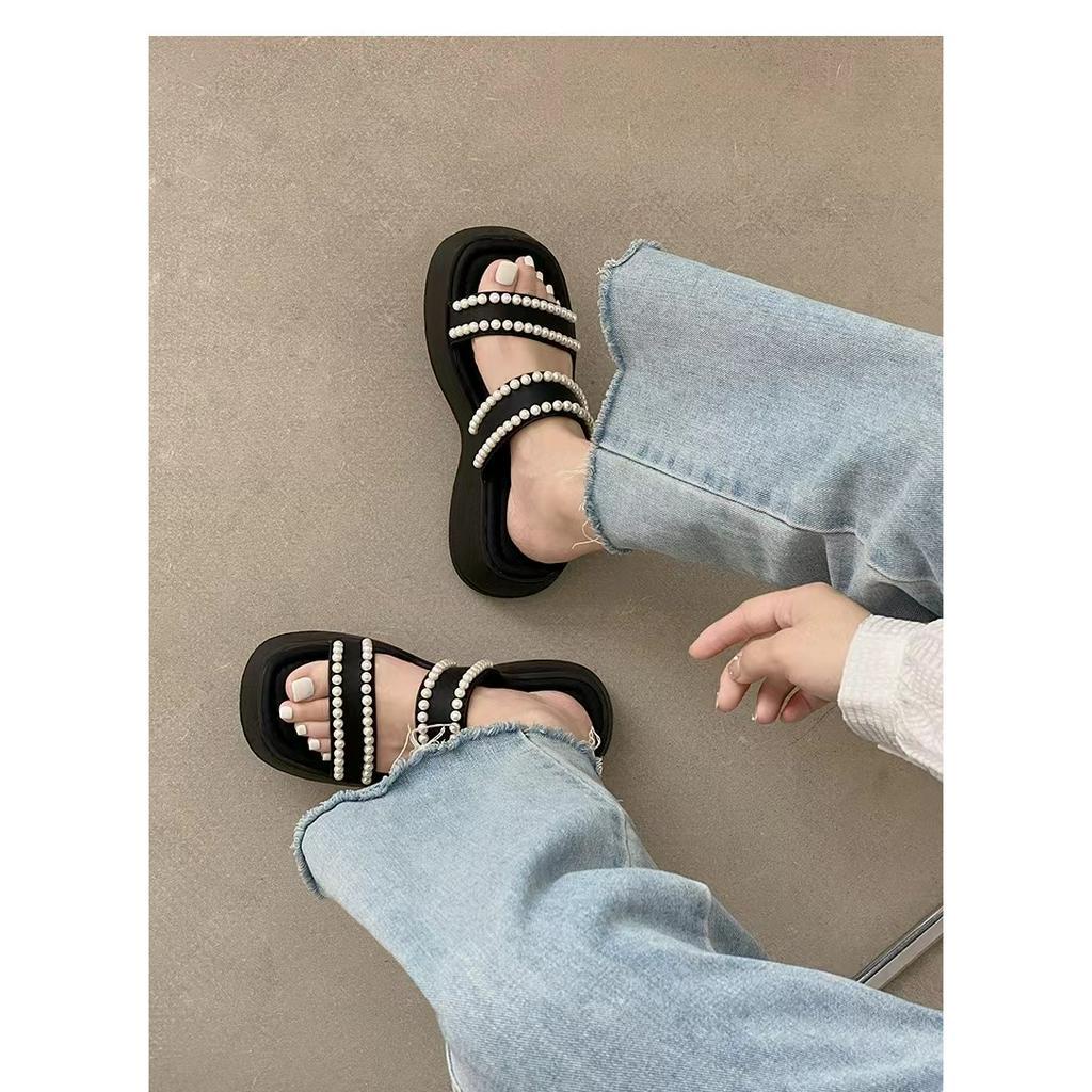 Dép Đế Dày Tăng Chiều Cao 4.5cm Chống Trượt Đính Hạt Ngọc Trai Đen / Trắng Thời Trang Mùa Hè 2023