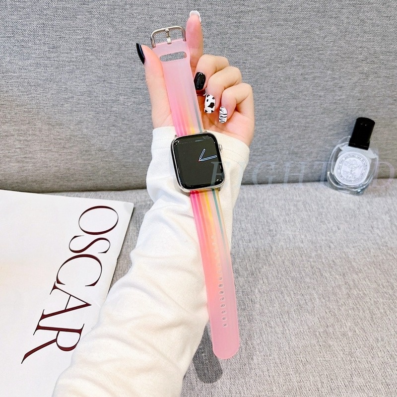 Dây Đeo Đồng Hồ Bằng Silicon Họa Tiết Đá Hoa Cương Màu Cầu Vồng 42mm 38mm 40mm 44mm 45mm 41mm Series 7 6