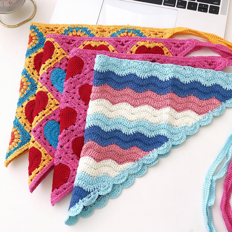 Băng đô HAIMEIKANG hình tam giác đan móc họa tiết/ màu trơn phong cách retro cổ điển