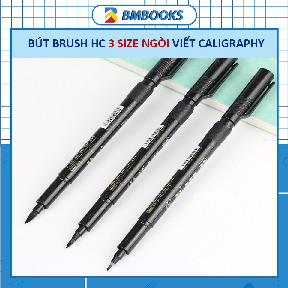 Bút brush viết calligraphy mực đen HC 3 size ngòi SML có thể thêm mực BMBooks