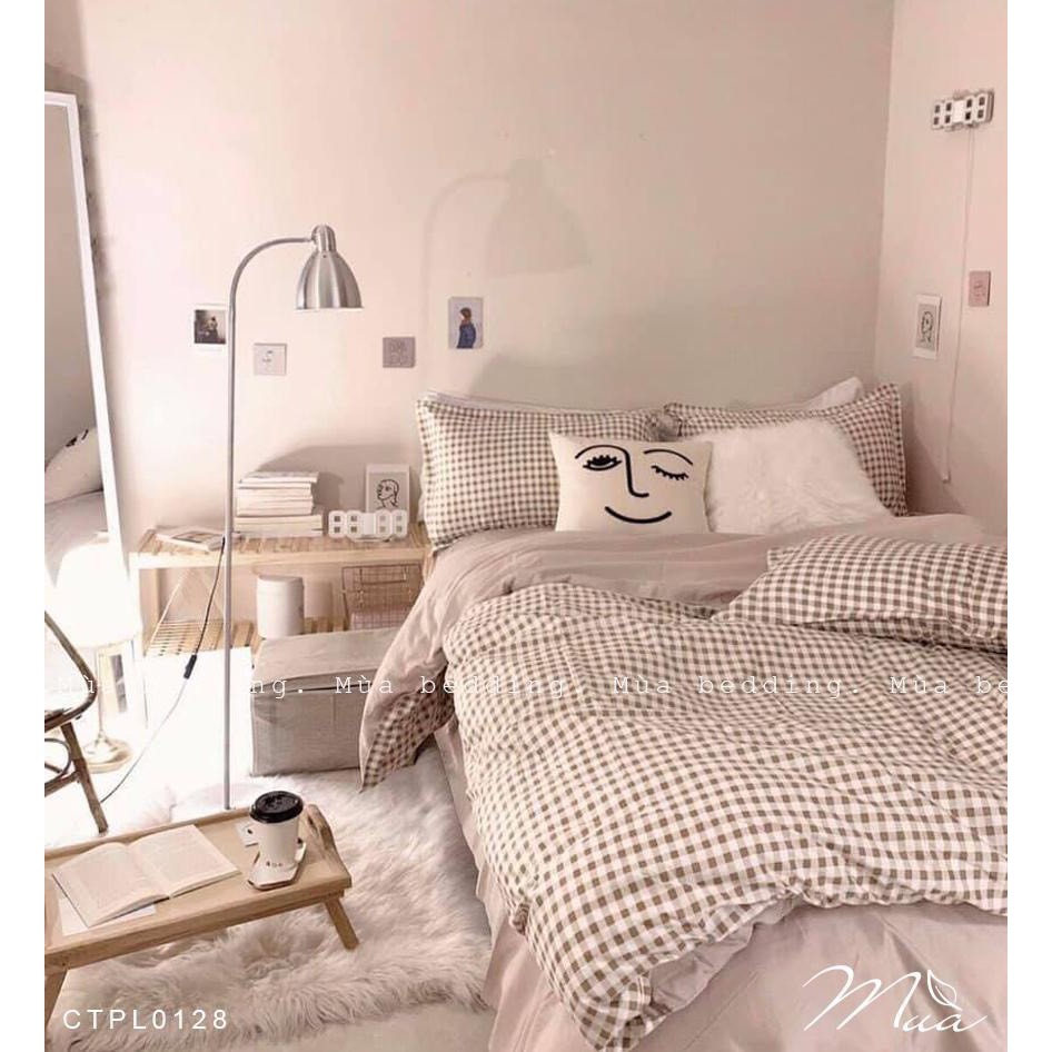 Bộ chăn ga và vỏ gối cotton poly Mùa Decor - Mẫu kẻ caro nâu beige | BigBuy360 - bigbuy360.vn