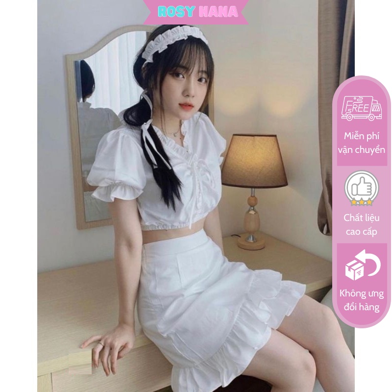 Set chân váy bánh bèo rosyhana mix Crt rút trắng chất liệu Đũi mềm, bộ váy bèo màu trắng dễ thương