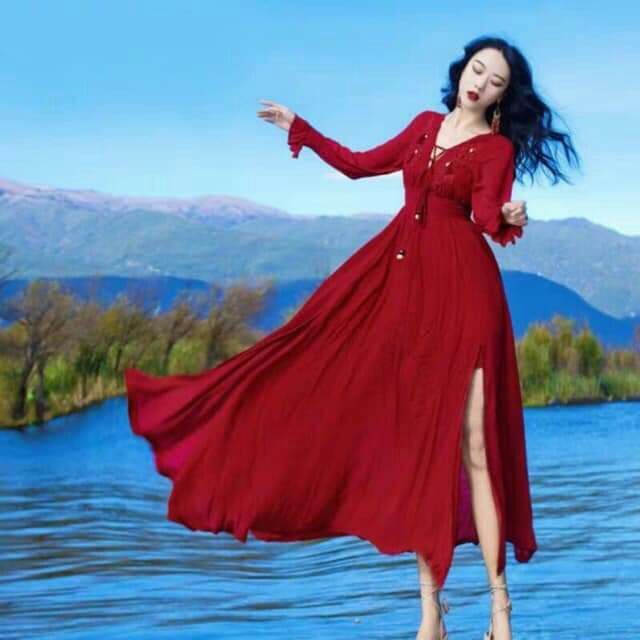 (free chỉnh sửa váy) đầm maxi boho tay dài váy xẻ tà đi biển du lịch chụp ảnh sống ảo chụp ảnh cưới ngoại cảnh đồ cặp