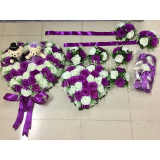 Hoa cưới xe dâu mẫu trái tim HOA HỒNG tím xen trắng gồm 12 chi tiết hoa, đế nam châm, cam kết hình thật 100%