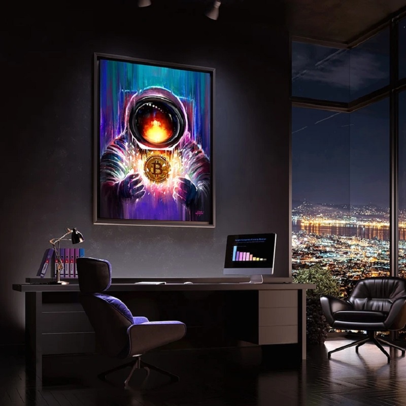 Tranh Vải Bạt Treo Tường In Hình Bitcoin Spaceman Truyền Cảm Hứng Trang Trí Nhà Cửa / Văn Phòng