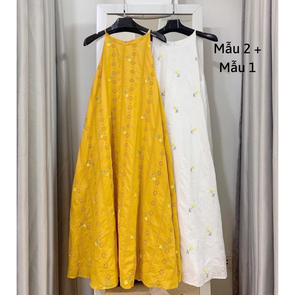 Đầm maxi form rộng chữ A, Đầm yếm dáng suông dài qua gối Cao Cấp vải kate trắng thêu hoa nhí, sát nách cổ tròn - MiNhi