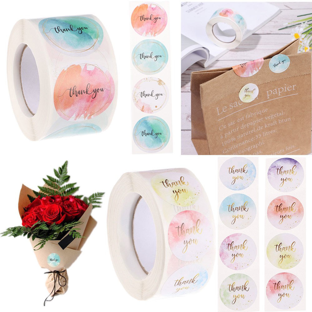 Cuộn 500 Nhãn Dán Trang Trí Màu Nước In Chữ Thank You|Nhãn Dán Trang Trí Quà Tặng Cỡ Nhỏ Phong Cách Thanh Lịch