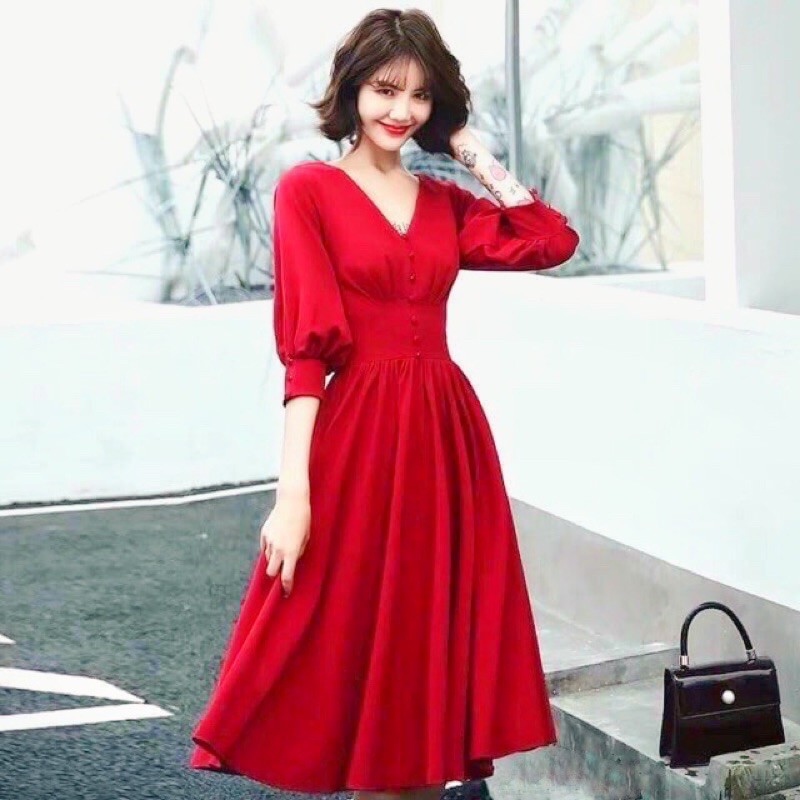 Đầm dự tiệc màu đỏ Linzstore - Váy xòe thiết kế cổ tim tay phồng chất Umi dày dặn, sang chảnh, váy dự tiệc, đi chơi | BigBuy360 - bigbuy360.vn