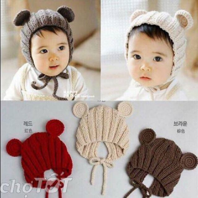 Mũ len tai chuột dày dặn nón len tai gấu dùng cho bé trai và bé gái