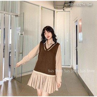 Set áo len sát nách phối đầm sơ mi chân xếp li