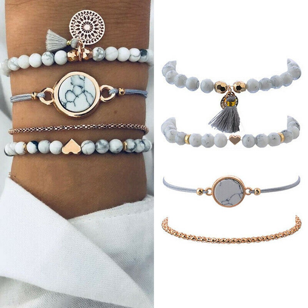 Bộ 4 vòng tay chuỗi hạt tròn phong cách Bohemian kiểu dáng cổ điển