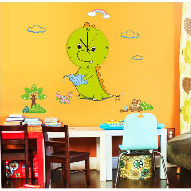 Decal Trang Trí Tường Kèm Đồng Hồ Dán Tường KHỦNG LONG VÀNG ( Cao Cấp )