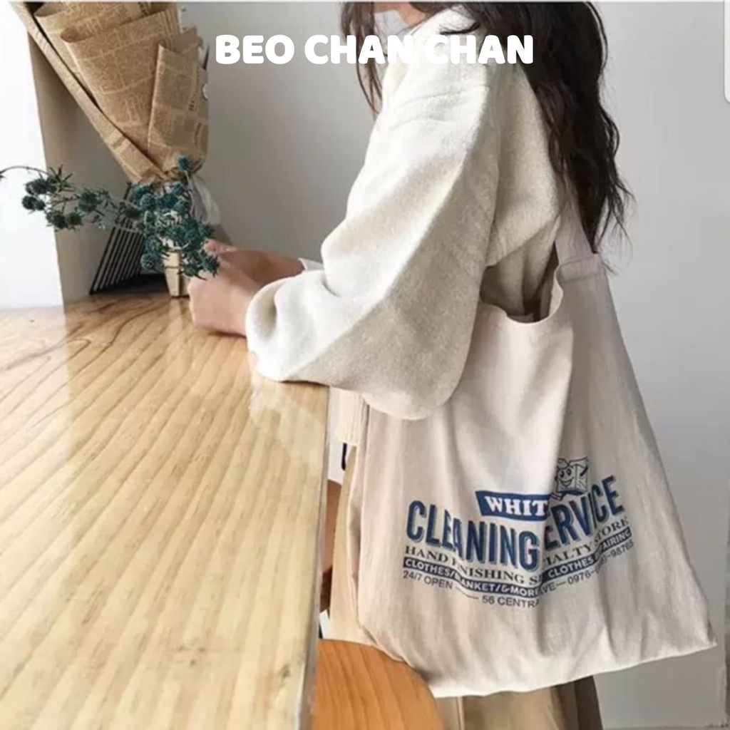 TÚI TOTE VẢI CANVAS ULZZANG BẢN TO TRẮNG NGÀ VINTAGE IN CHỮ XANH CLEANING SERVICE