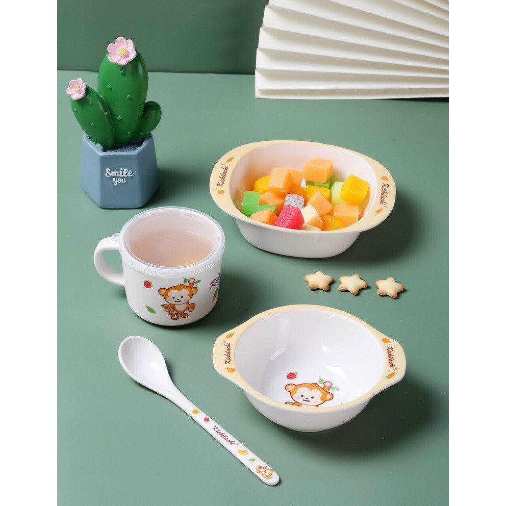Bát + Cốc + Thìa ăn dặm Kichilachi bằng nhựa phíp chính hãng cho bé