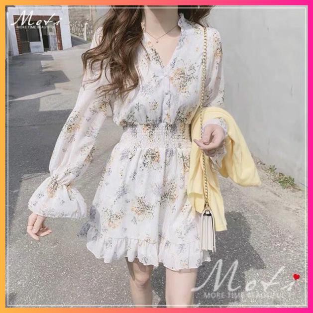 Váy hoa nhí vintage, Váy hoa voan tơ mát mịn cổ V -MOONMY | BigBuy360 - bigbuy360.vn
