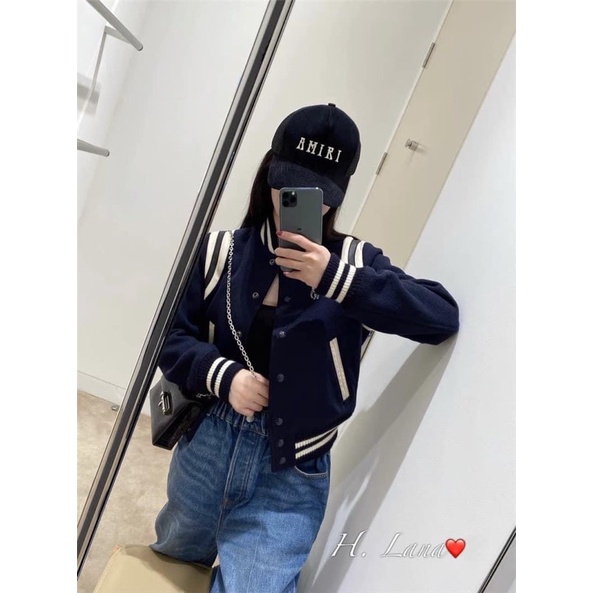 ÁO BOMBER XANH PHỐI SỌC TRẮNG THÊU NGỰA