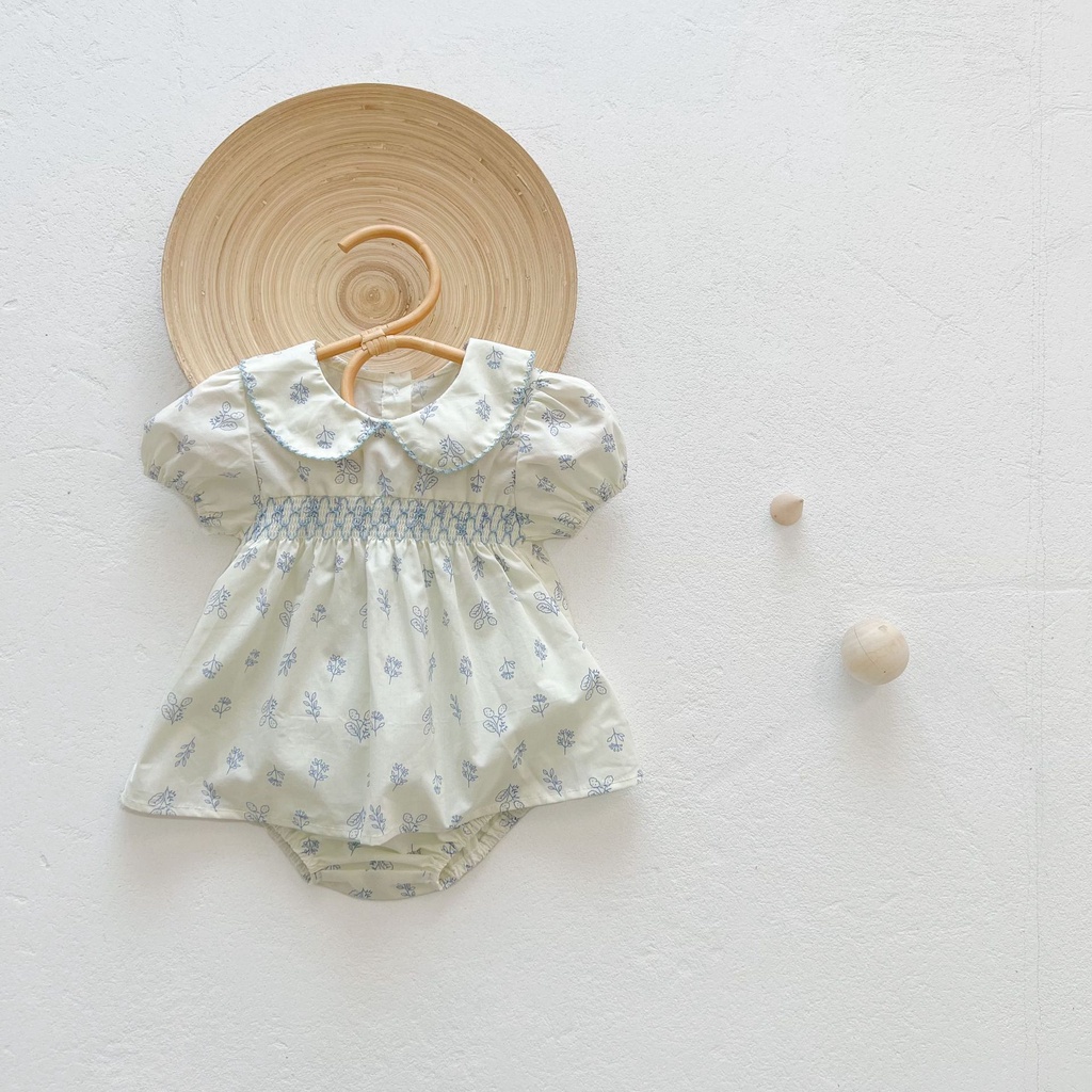 Bộ Áo Cotton Tay Ngắn Cổ Búp Bê Họa Tiết Hoa + Quần Bánh Mì Xinh Xắn Thời Trang Mùa Hè Cho Bé Gái