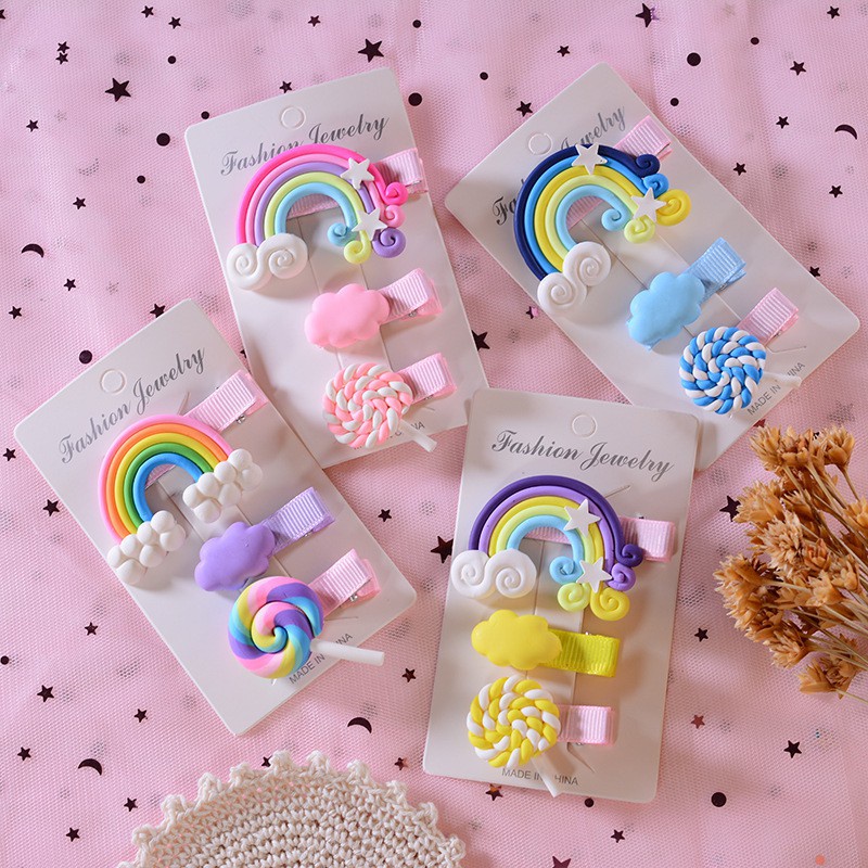 Set 3 Kẹp Tóc Hình Đám Mây / Cầu Vồng / Kẹo Mút Hoạt Hình Dễ Thương Cho Bé Gái
