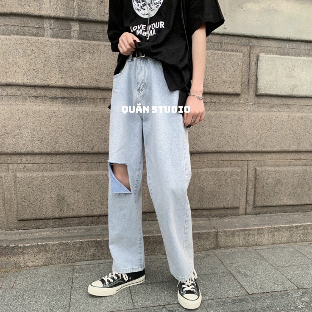 Quần Baggy Nam Rách Gối Quăn Studio - Quần Jean Nam Màu Xanh Nhạt Rách Gối Form Chuẩn Hàn Quốc QRG01
