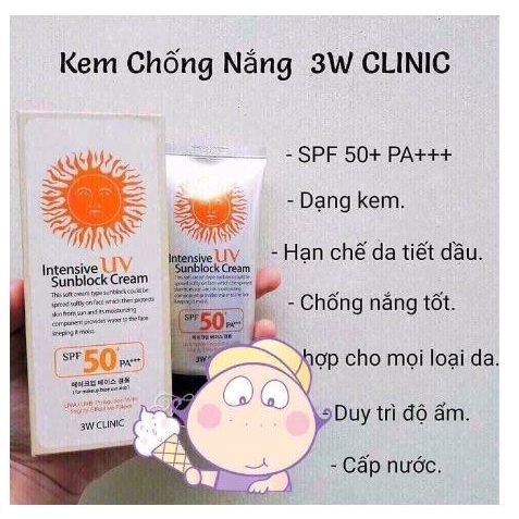 [Chính Hãng] Kem Chống Nắng 3W Clinic Intensive UV Sunblock Cream Hàn Quốc SPF 50 PA+++ 70ml