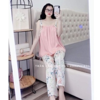 Bộ mặc nhà lụa 2 dây quần dài lụa tằm thái sang mịn đẹp