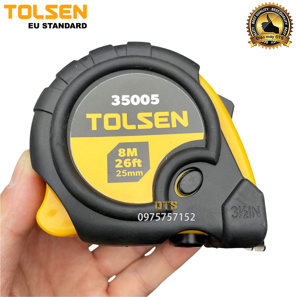 Thước cuộn đa năng 8m TOLSEN, thước kéo thép khóa 3 trong 1 nền vàng vỏ ABS chống va đập phủ TPR – Tiêu chuẩn châu Âu