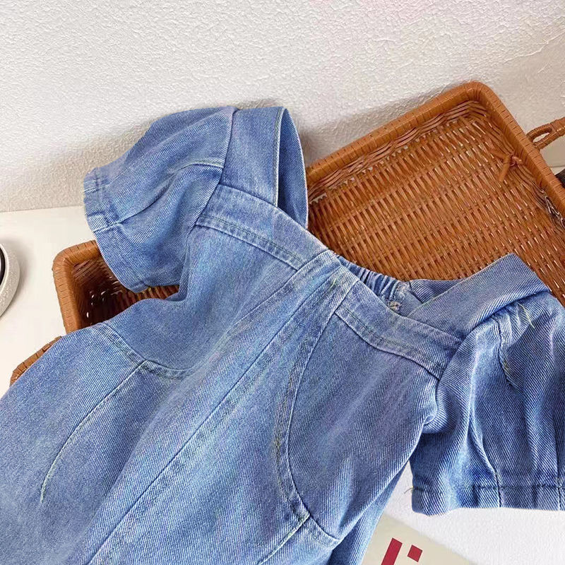 Đầm Denim Tay Phồng Phong Cách Hàn Quốc Thời Trang Mùa Hè Xinh Xắn Cho Bé Gái