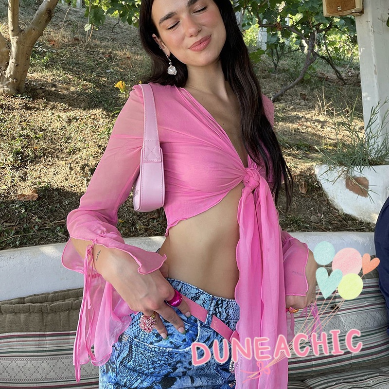 DUNEA Áo Kiểu Tay Dài Cổ Chữ V Thắt Nơ Thời Trang Nữ Tính