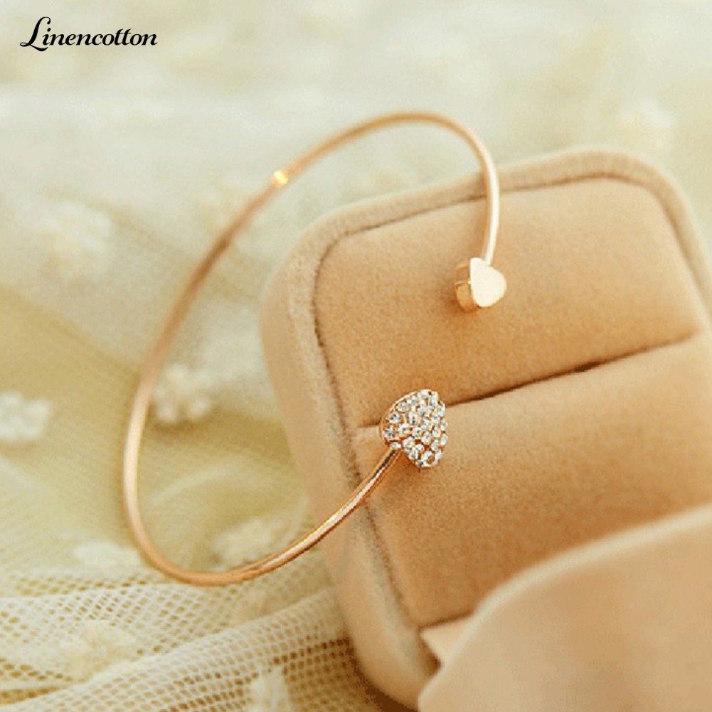 Double Heart Rhinestone Inlaid Opening Cuff Bracelet