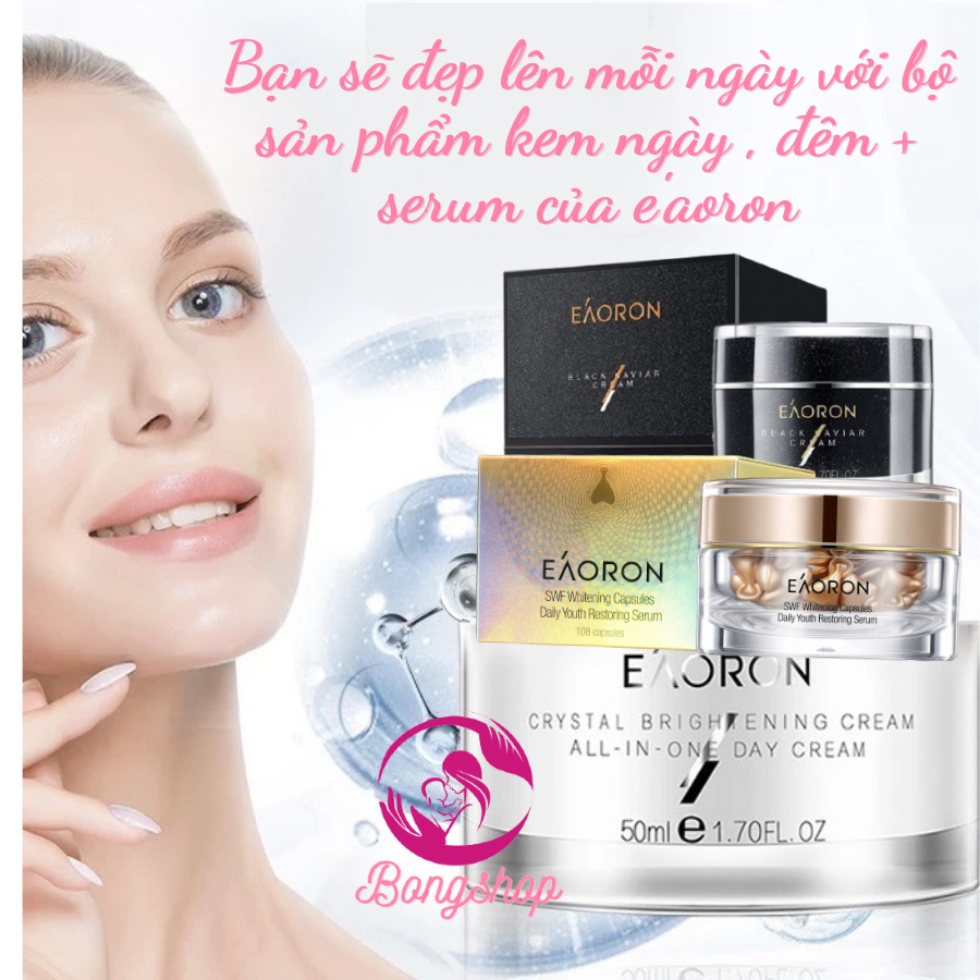 Kem dưỡng Eaoron đêm ngọc trai Shining Cream, Kem ngày tinh thể sáng da Crystal White Brightening, Serum SWF Whitening