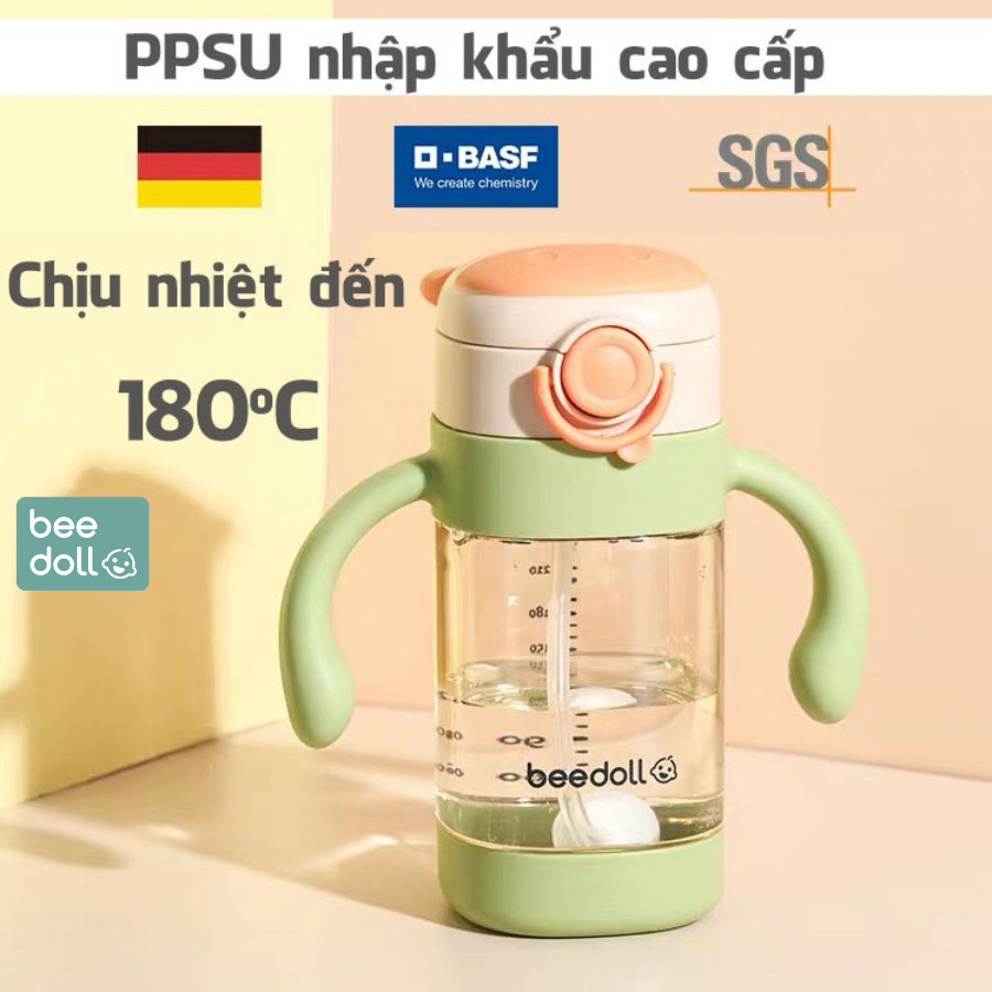 Bình tập uống nước BeeDoll cao cấp chất liệu PPSU 320ml cho bé dùng ở mọi tư thế chống sặc, Tặng kèm dây đeo + Cọ rửa