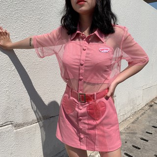 Áo lưới cổ sơ mi màu hồng