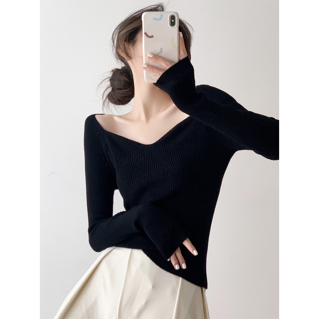 Áo kiểu ZHELIHANGFEI vải dệt kim tay dài hở vai thời trang quyến rũ cho nữ