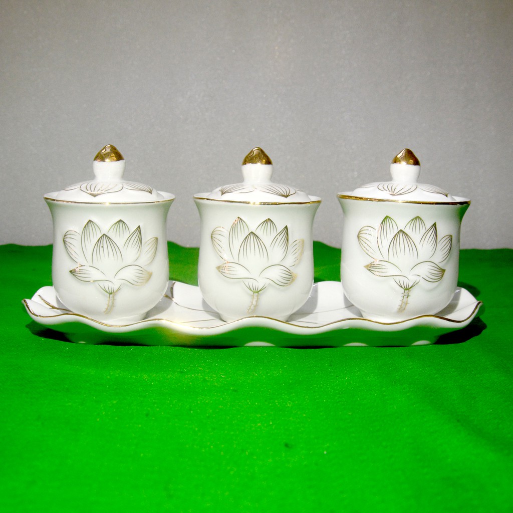Án ba-Bộ ba ly chung đại bi có nắp hoa sen trắng